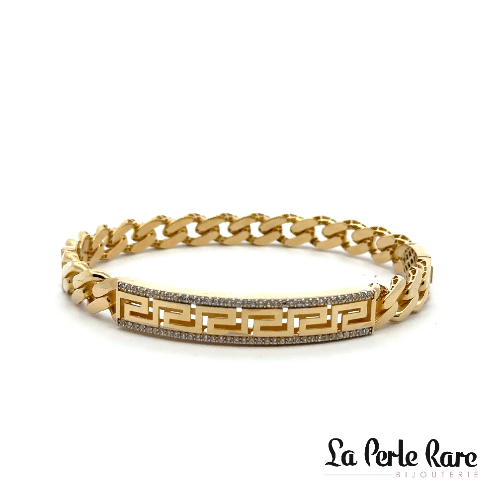 Bracelet rigide style Versace, mailles gourmette, or jaune 10 carats, zircons incolores