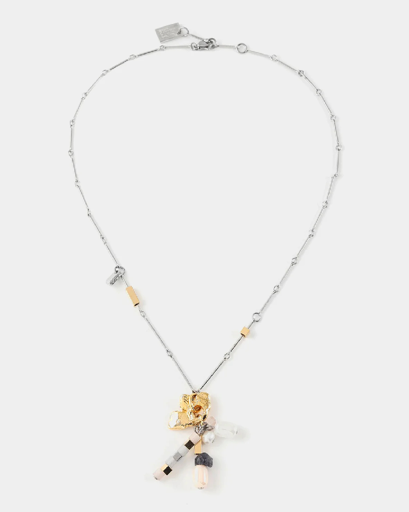 Collier étain 2 tons (blanc et jaune), verre coloré