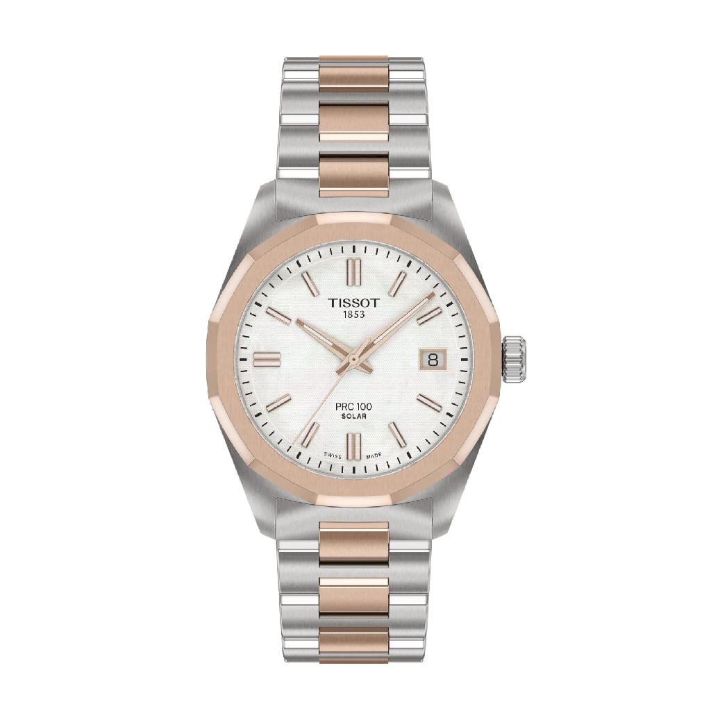 Tissot PRC 100 Solar watch, two tone stainless steel (white and rose), mother of pearl dial