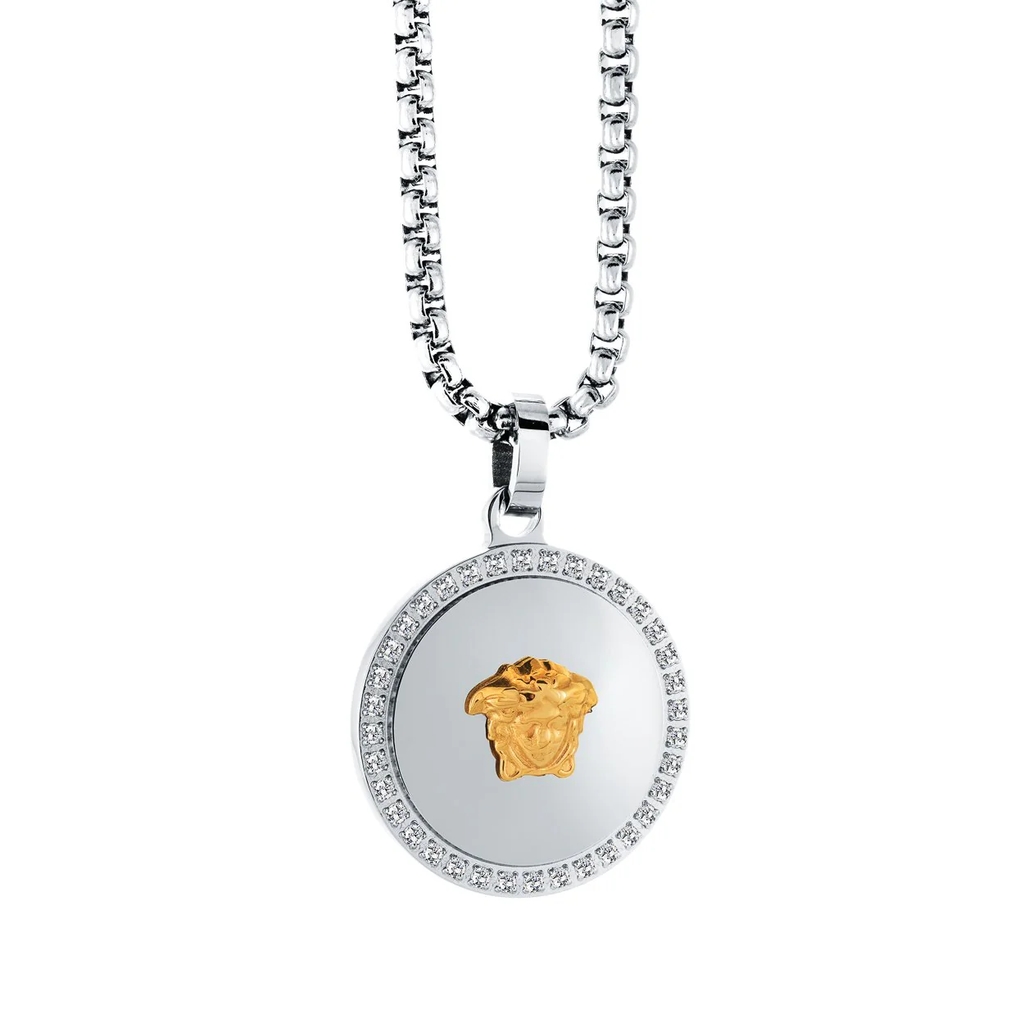 Pendentif de style Medusa, acier inoxydable 2 tons (blanc et jaune), zircons incolores