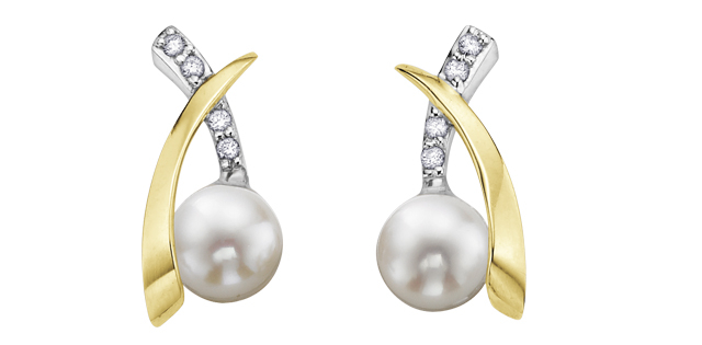 Boucles d'oreilles fixes or 2 tons (jaune et blanc) 10 carats, perles, 4 points de diamant total - DD2217 - Corona