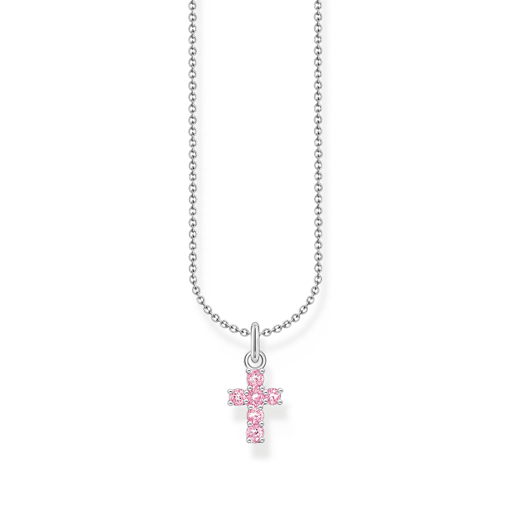 Pendentif croix, argent, zircons roses