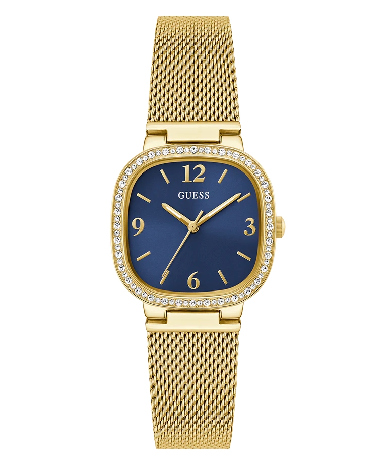 Montre carrée, acier inoxydable doré, zircons incolores, fond bleu - GW0354L6 - Guess