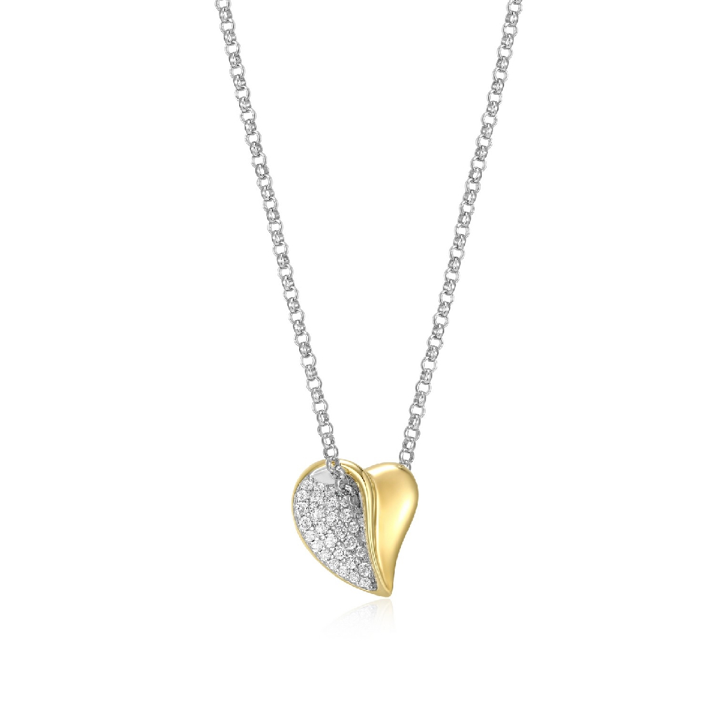 Pendentif coeur, argent 2 tons (blanc et jaune), zircons incolores - R0LC0G0046 - Elle