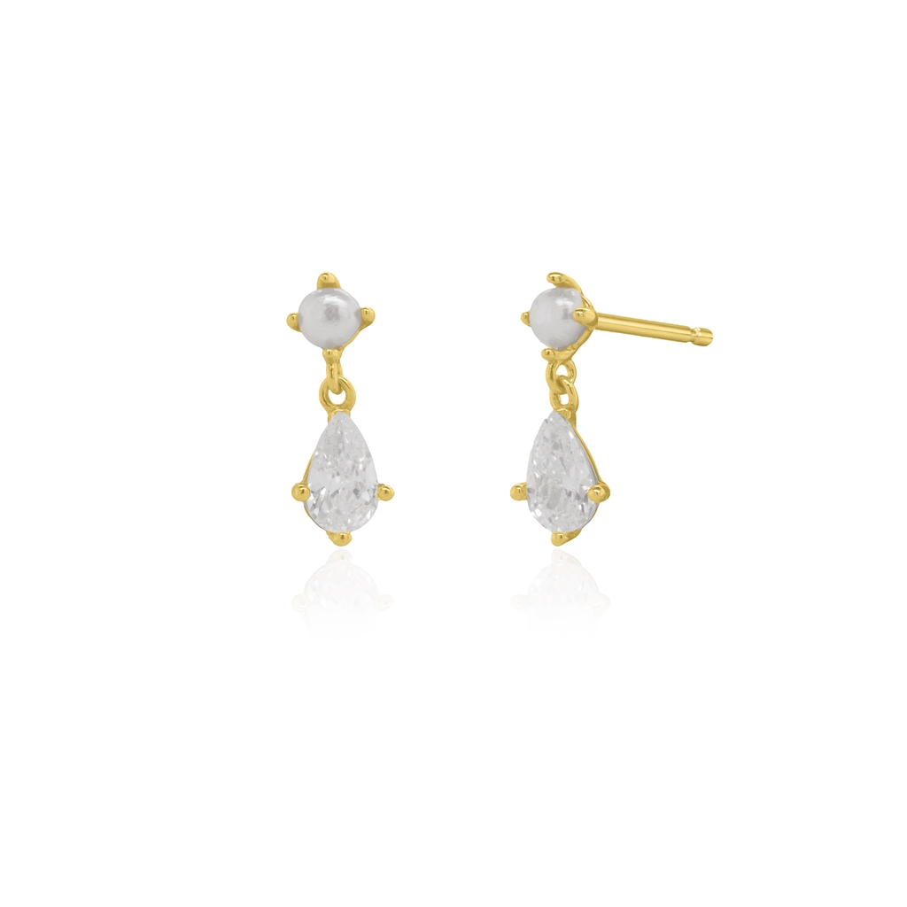 Boucles d'oreilles fixes argent finition or jaune, perles d'eau douce, zircons incolores