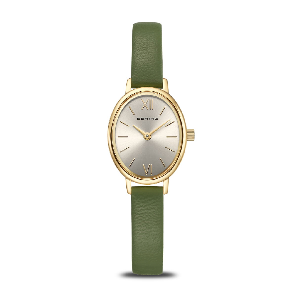 Montre ovale, cuir vert, acier inoxyable doré