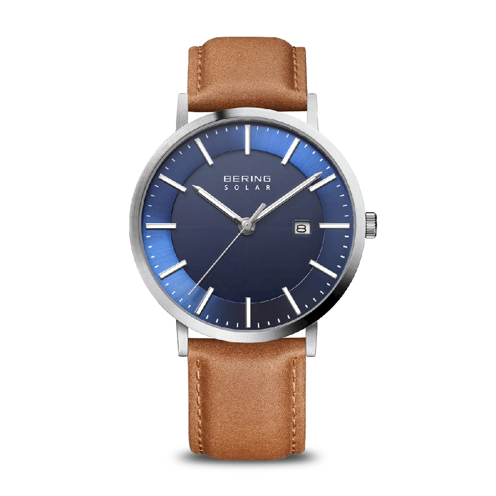 Montre solaire, cuir brun, acier inoxydable, fond bleu - 15439-507 - Bering