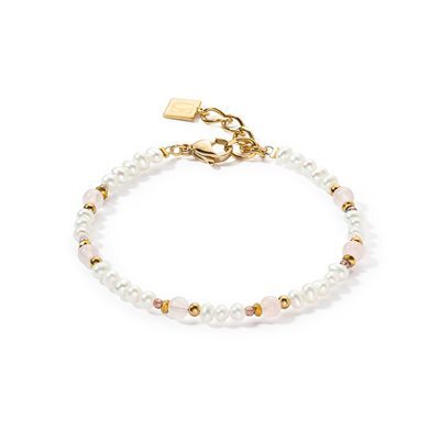 Bracelet acier doré, perles, cristaux roses