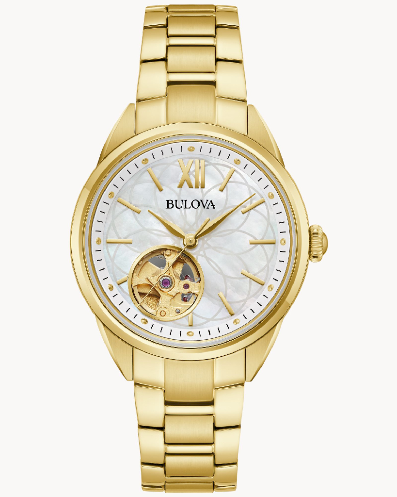 Montre automatique, acier inoxydable doré, fond nacré