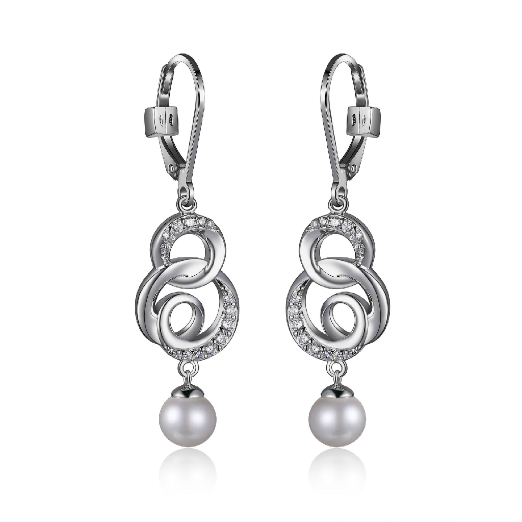 Boucles d’oreilles pendantes argent sterling rhodié perles, zircon incolore et perle