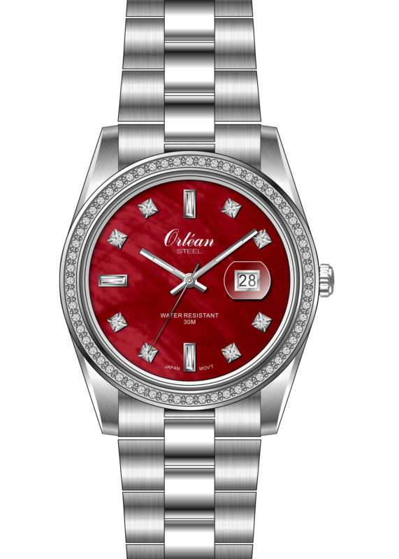 Montre acier inoxydable, fond rouge, zircons incolores - ME3580 - Orlean