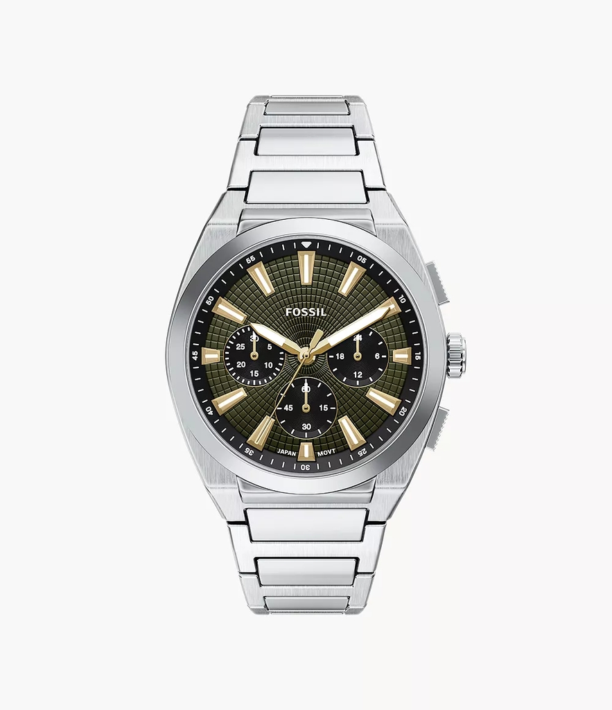 Montre chronographe Everett, acier inoxydable, fond vert kaki