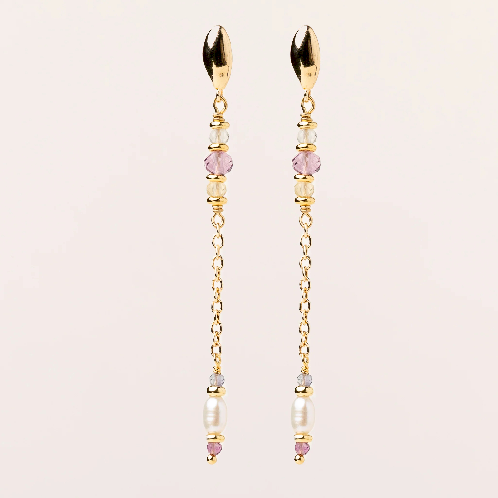Boucles d'oreilles pendantes Violet Veil, argent plaqué or 14 carats, fluorite, perles d'eau douce