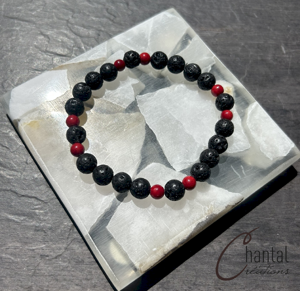 Bracelet extensible Nicolas rouge, pierre de lave, agates rouges