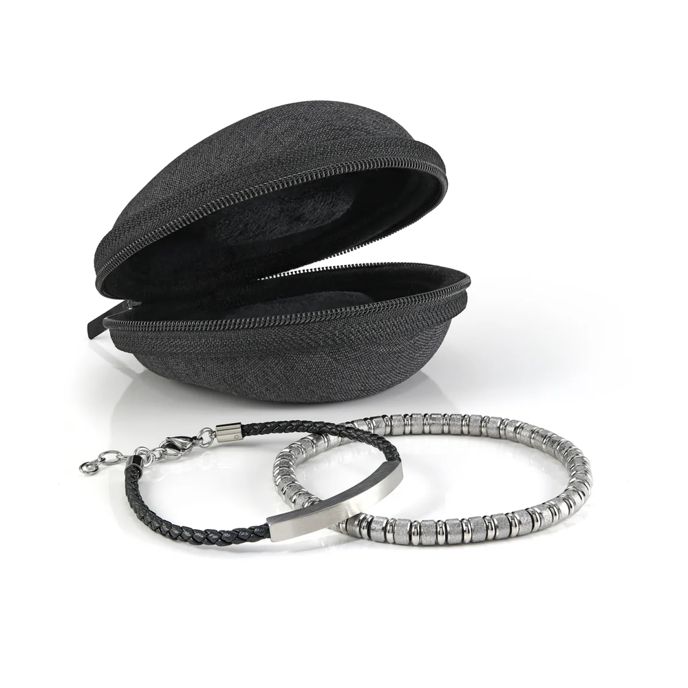 Ensemble de bracelets acier inoxydable, cuir noir tressé, pochette de voyage - STACK-23 - Italgem Steel