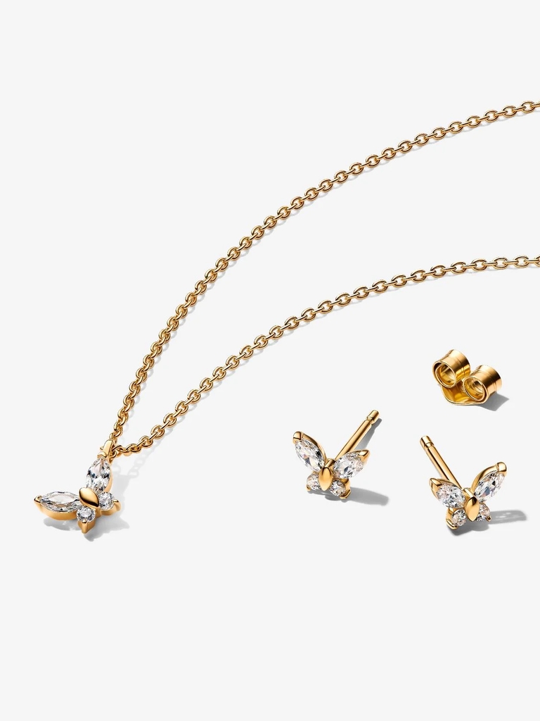 Ensemble-cadeau collier et boucles d'oreilles fixes, papillons, métal unique plaqué d'or 14 carats, zircons incolores - B802651 - Pandora