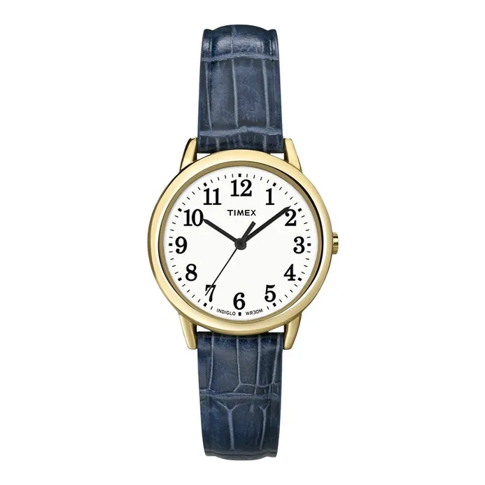Montre cuir bleu, métal doré, fond blanc