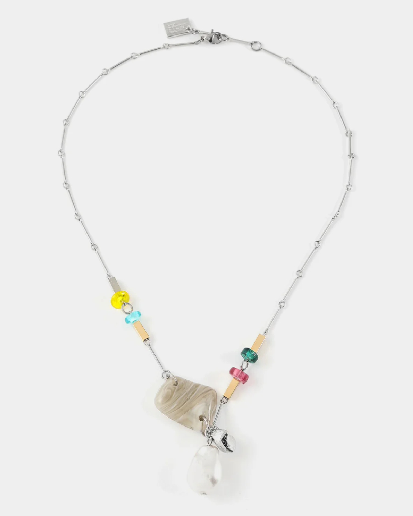 Collier étain, verre coloré, perle de verre nacré