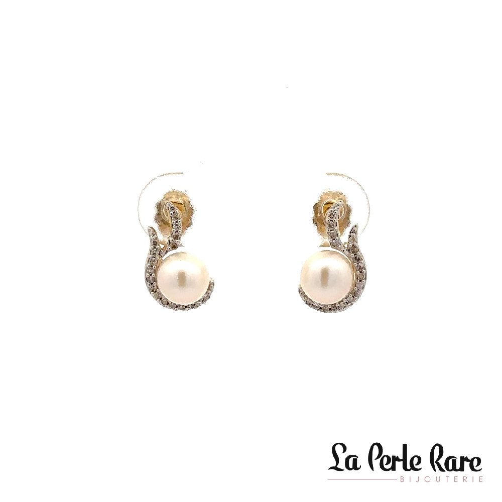 Boucles d'oreilles fixes or jaune 10 carats, perles, 8 points de diamants total - LPR-2542 - Exclusivités