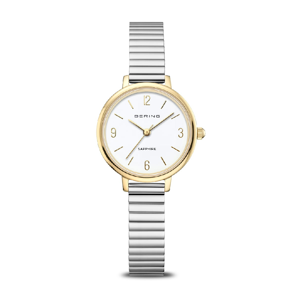 Montre extensible, acier inoxydable 2 tons (blanc et jaune), fond blanc
