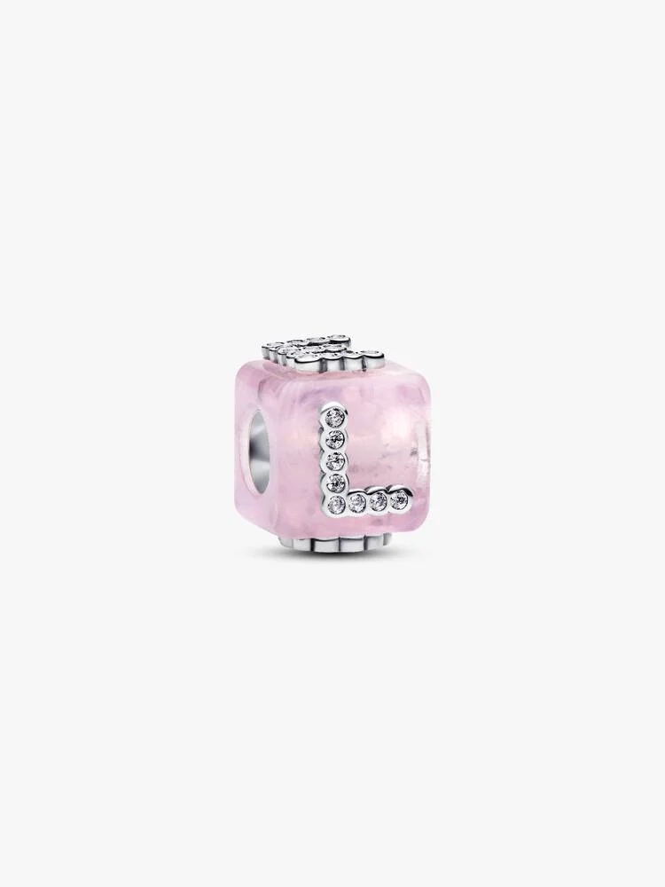 Bille cube d'amour, argent, verre de Murano rose, zircons incolores