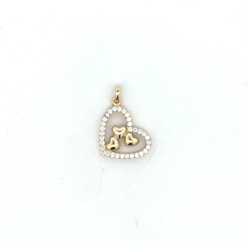 Pendentif coeurs, or 2 tons (jaune et blanc) 10 carats, zircons incolores