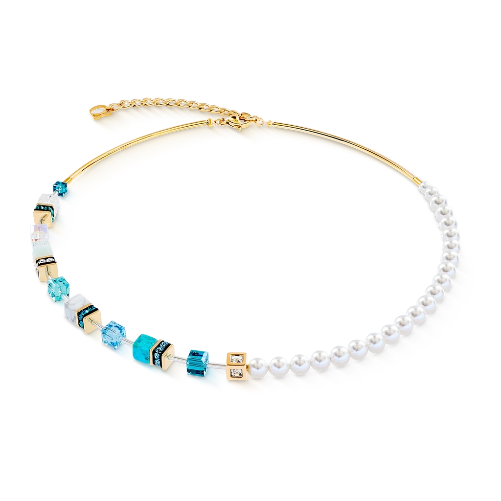 Collier GeoCube, acier inoxydable doré, verre, cristaux, perles