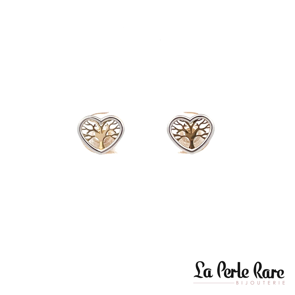 Boucles d'oreilles fixes coeurs/arbres de vie, or 2 tons (jaune/blanc) 10 carats - 10718 - Exclusivités