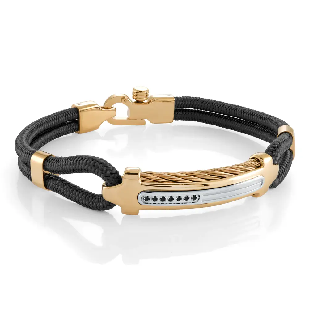 Bracelet nylon noir, acier 2 tons (jaune/blanc), zircons noirs - SCB121-8.5 - Italgem Steel