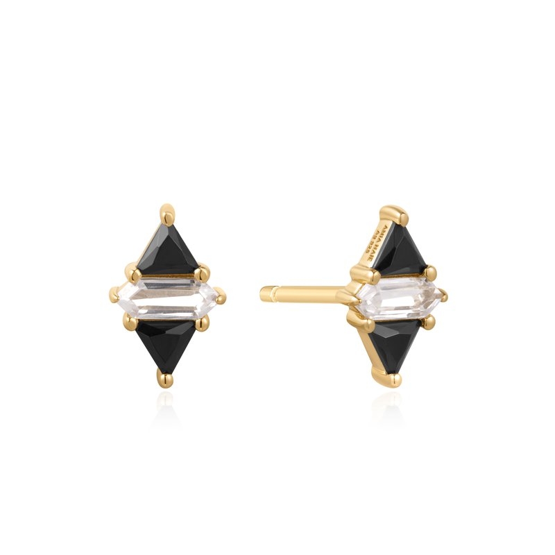 Boucles d'oreilles fixes argent doré, zircons noirs et blancs - E059-07G - Ania Haie