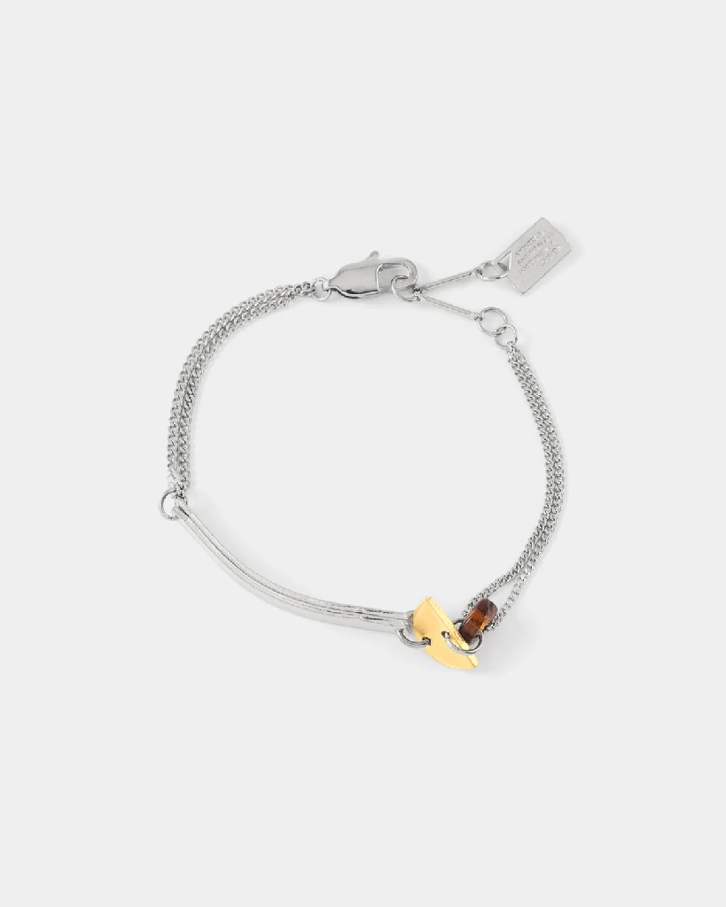 Bracelet acier, étain 2 tons (blanc/jaune), verre coloré
