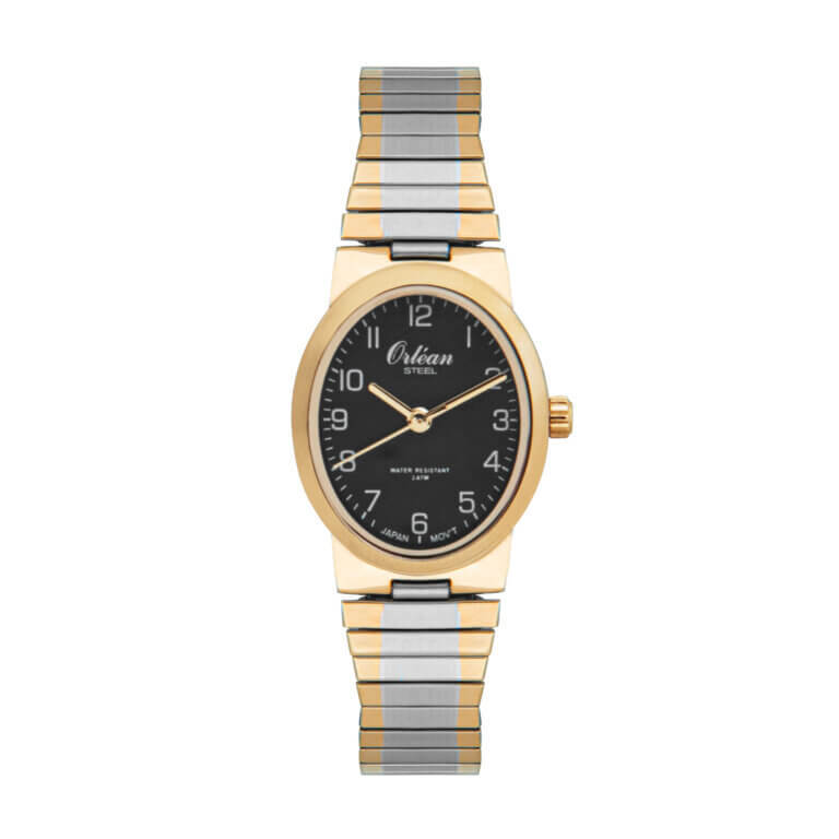 Montre extensible ovale, acier 2 tons (jaune/blanc), fond noir - ME3488 - Orlean