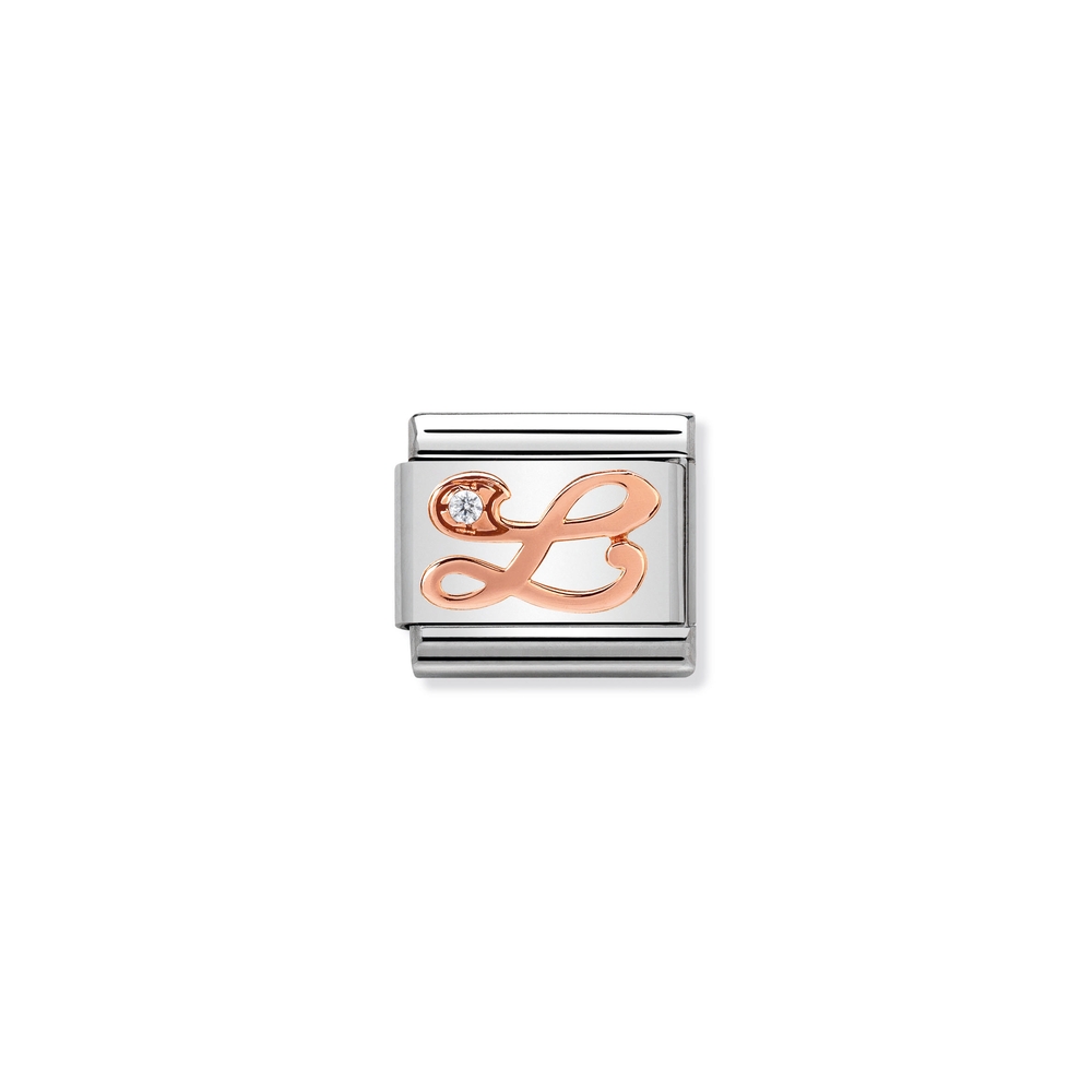 Maille classique lettre L, acier inoxydable, or rose 9k, zircon incolore