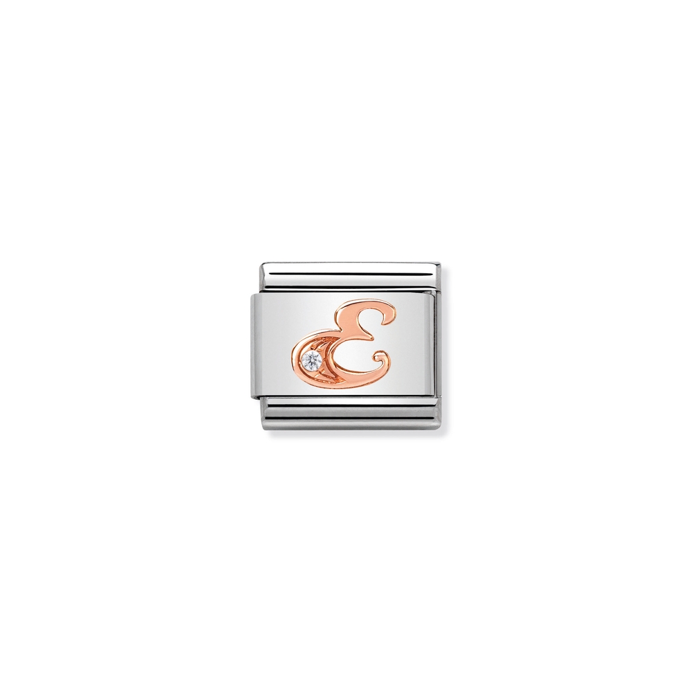 Maille classique lettre E, acier inoxydable, or rose 9k, zircon incolore - 43031005 - NOMINATION