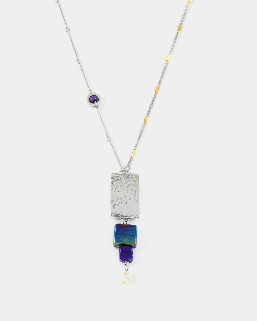 Collier acier inoxydable 2 tons (blanc et jaune), étain, verre coloré, perle d'eau douce - ERIS-CREPUSCULE - Anne-marie Chagnon