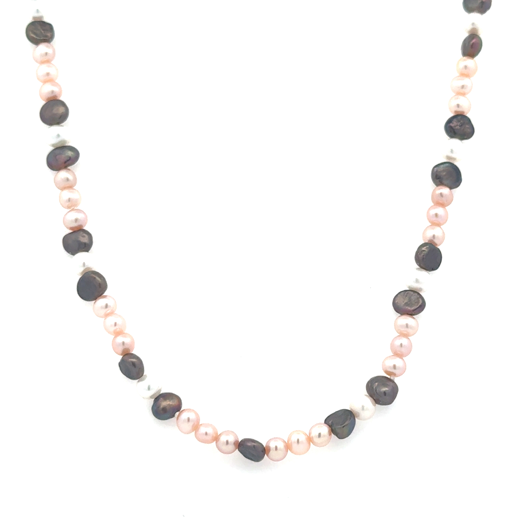 Collier perles multi, fermoir or blanc 10 carats