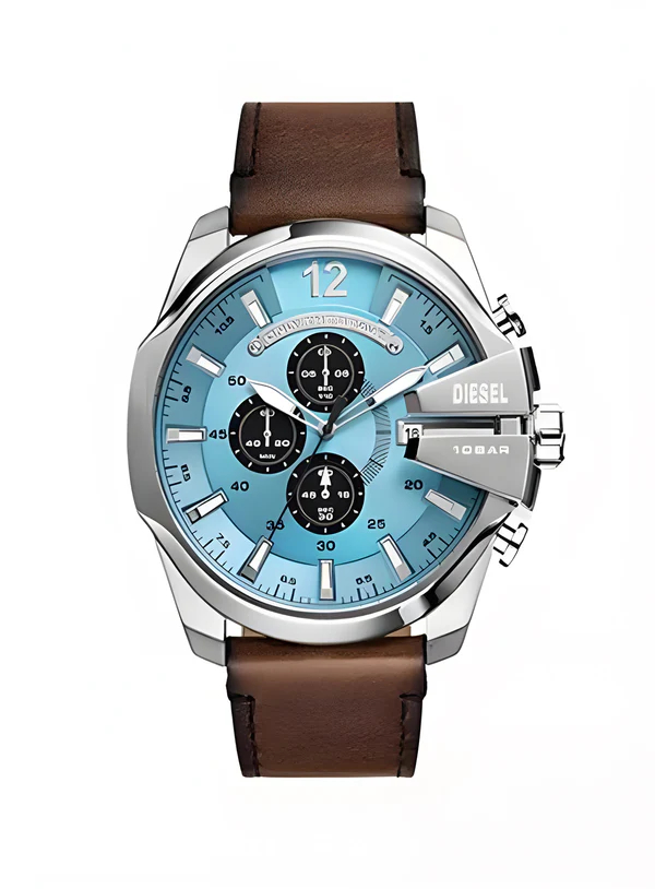 Montre Diesel cuir brun, acier inoxydable, fond bleu
