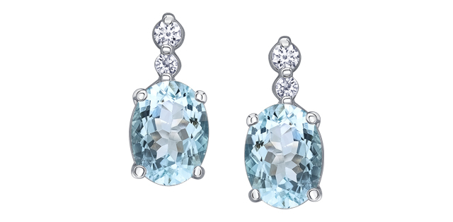 Boucles d'oreilles fixes or blanc 10 carats, aigue-marine, 11 points de diamant total, certificat - E4659W-10 - Corona