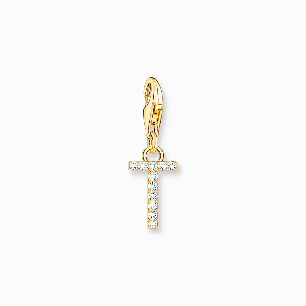 Charm lettre t, argent doré, zircons