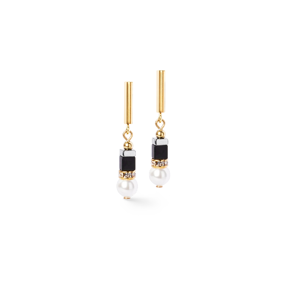 Boucles d’oreilles pendantes acier inoxydable doré, verre, cristaux, perles