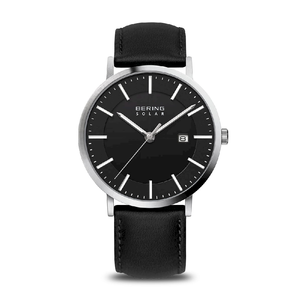 Montre solaire, cuir noir, acier inoxydable, fond noir - 15439-402 - Bering