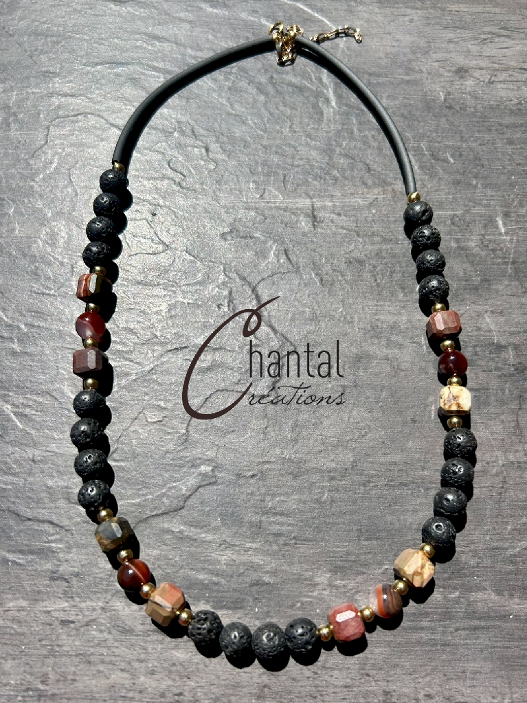 Collier Patrick terra cotta, pierre de lave, jaspe Picasso, agate Dream Lace, acier inoxydable doré, pvc