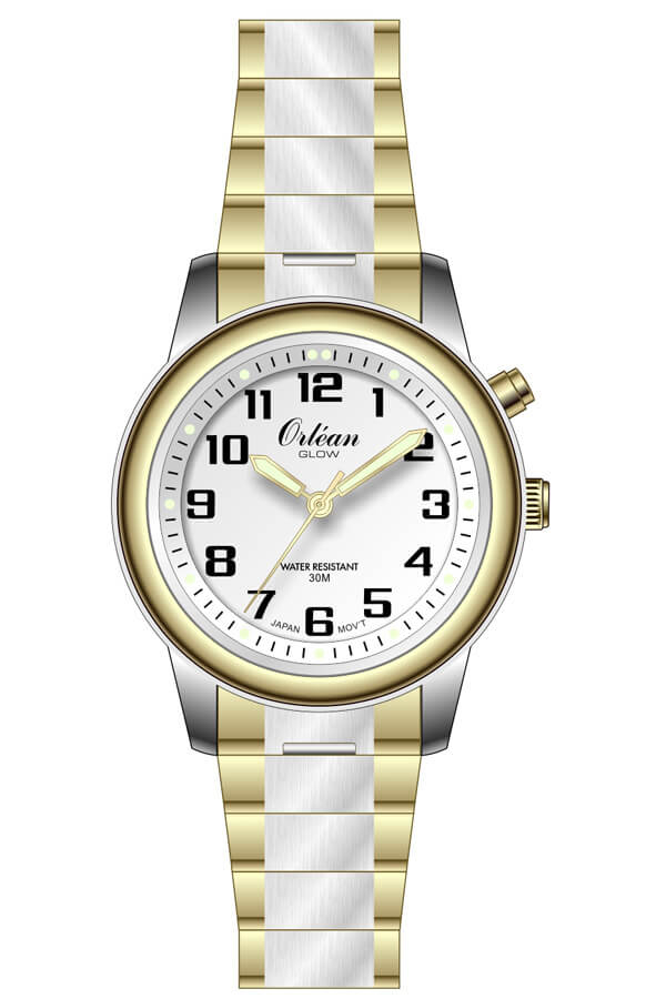 Montre extensible, acier inoxydable 2 tons (jaune/blanc), fond blanc - ME3646 - Orlean