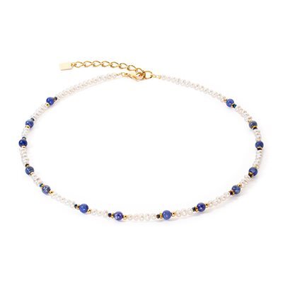 Collier acier, perles d'eau douce, cristaux bleus - 1109-10-0700 - Coeur De Lion