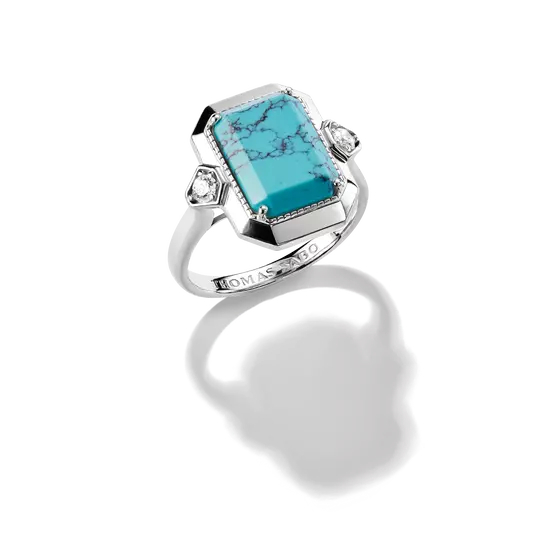 Bague octogonale, argent, imitation turquoise, zircons incolores