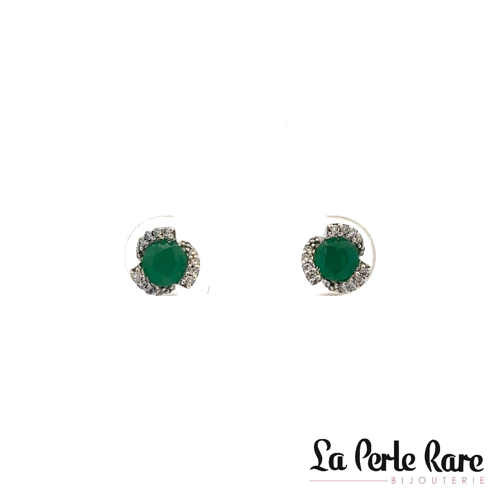 Boucles d'oreilles fixes or blanc 14 carats, émeraudes, 7 points de diamant total - ER096430-5-114E - Zen