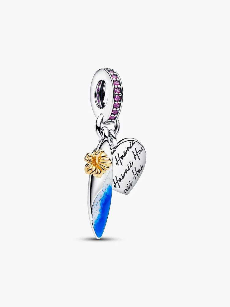 Bille double plache de surf, argent, métal unique plaqué d'or 14 carats, cristaux roses, émail blanc, argenté et bleu