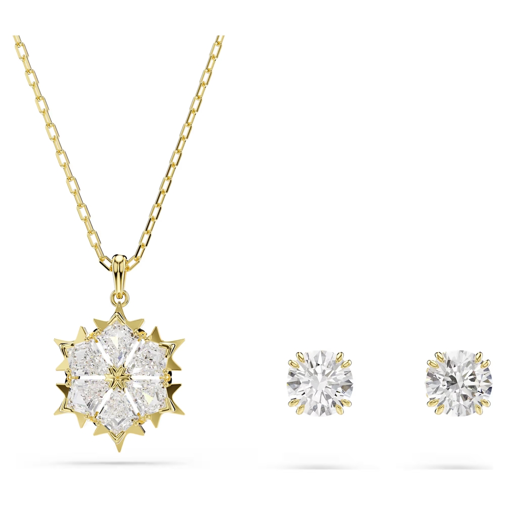 Ensemble collier et boucles d'oreilles fixes Parure Magic, métal doré, cristaux incolores
