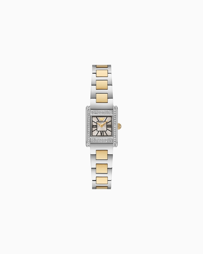 Montre carrée, acier inoxydable 2 tons (blanc et jaune), fond nacré, zircons incolores