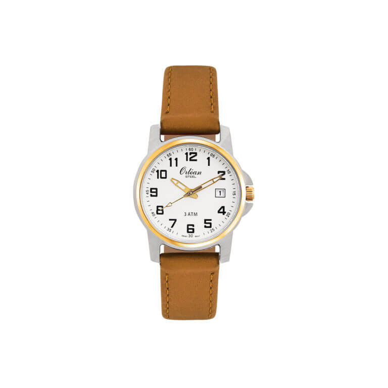 Montre cuir tan, acier 2 tons (blanc/jaune), fond blanc Montre cuir tan, acier 2 tons (blanc/jaune), fond blanc